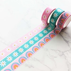 Cute Rainbows & Daisies Washi Tape, Cute Pastel Colors Washi Tape, Colorful Journaling Tape, Illustrated Washi Tape by Color Oasis Hawaii :)