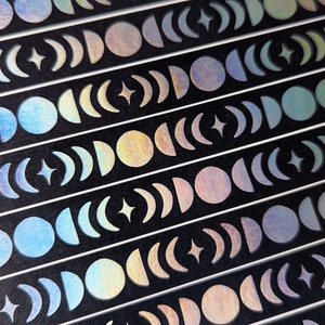 Holographic Moon Phase Washi Tape Purple, White, Black Washi Tape, Cute Moon Phase Washi Tape Roll, Moon + Stars Celestial Washi Tape