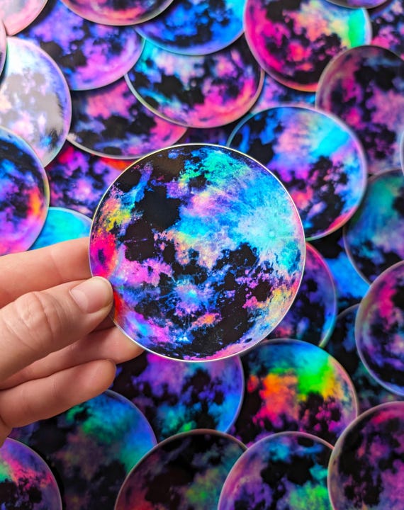 Rainbow Holographic Moon Sticker: Waterproof Vinyl Watercolor Decal