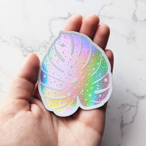 Celestial Monstera Sticker for Water Bottle Holographic Monstera Bumper Sticker Moon & Stars Vinyl Sticker Holographic Monstera Leaf Sticker