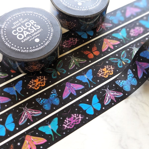 Colorful Celestial Stars, Butterfly & Moth Washi Tape 1 Roll, 15mm x 10m | Cute Whimsical Black Decoration Tape for Journals + Planners