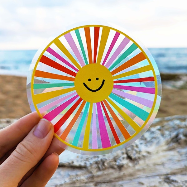 New! Happy Little Smiling Sun Pink Suncatcher Colorful Sun Rainbow Suncatcher Sticker for Windows Rainbow Maker Decal Window Sticker 4"