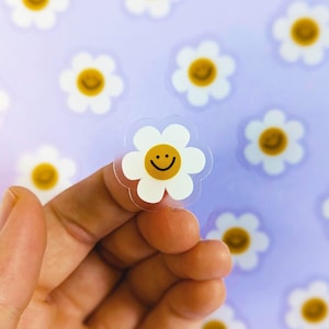 LAST ONES! Pack Of 10 Small Happy Daisy Stickers - Clear Vinyl Waterproof Flower Stickers 1" x 1" each - You will receive 10 mini stickers!