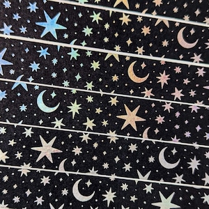 Celestial Stars & Moons Washi Tapes, Moons and Stars Washi Cute Planner Tape, Moon Tape for Journaling, Black Holographic Washi Tapes