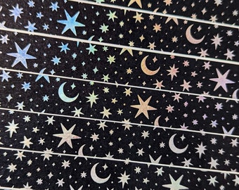 Celestial Stars & Moons Washi Tapes, Moons and Stars Washi Cute Planner Tape, Moon Tape for Journaling, Black Holographic Washi Tapes