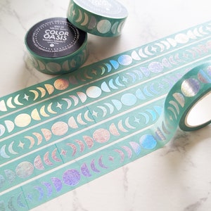 SECONDS SALE! Holographic Moon Phase Washi Tape, Purple Green/Blue Moon Cycles Paper Tape Roll, Iridescent Foil Tape by Color Oasis Hawaii