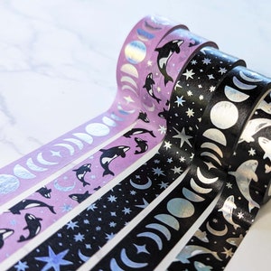 NEW! Celestial Moon & Stars Holographic Foil Washi Tape, Cute Metallic Moon Phase Washi Tape Full Roll, Illustrated by Color Oasis Hawaii