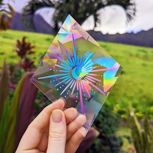 Moon, Stars & Sun Rainbow Suncatcher Sticker Pink/Purple/Blue Gradient Diamond Shaped Celestial Aesthetic Suncatcher Decals 5.5" x 4.3"