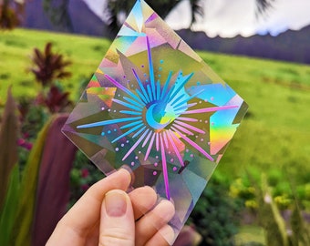 Moon, Stars & Sun Rainbow Suncatcher Sticker Pink/Purple/Blue Gradient Diamond Shaped Celestial Aesthetic Suncatcher Decals 5.5" x 4.3"