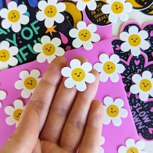 10 Stickers Per Pack! Smiling Happy Daisy Sticker Pack - Waterproof Vinyl Mini Stickers, 1" x 1" each - You will receive 10 stickers! :)