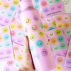 Pastel Rainbow Mini Smile Stickers 1" Small Cute Colorful Happy Sticker Pack Sheet of 12 Happy Waterproof Stickers for Phone, Water Bottle