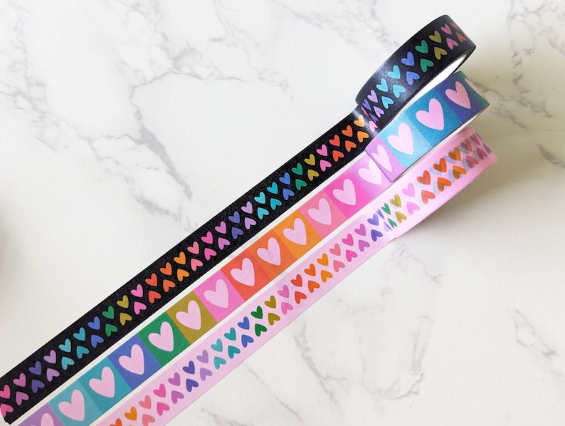 NEW Cute Little Rainbow Hearts Washi Tape for Envelopes, Gifts, Crafts, & Journals, Happy Love Colorful Washi Tape by Color Oasis Set of all 3! :)