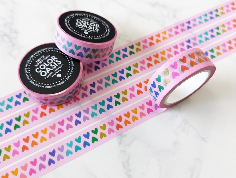 NEW Cute Little Rainbow Hearts Washi Tape for Envelopes, Gifts, Crafts, & Journals, Happy Love Colorful Washi Tape by Color Oasis Pink Rainbow Hearts
