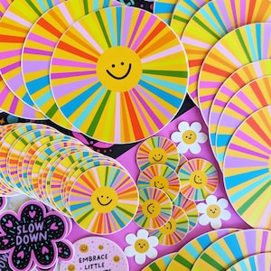 Happy Sun Sticker: Rainbow Smiling Face, Waterproof Vinyl
