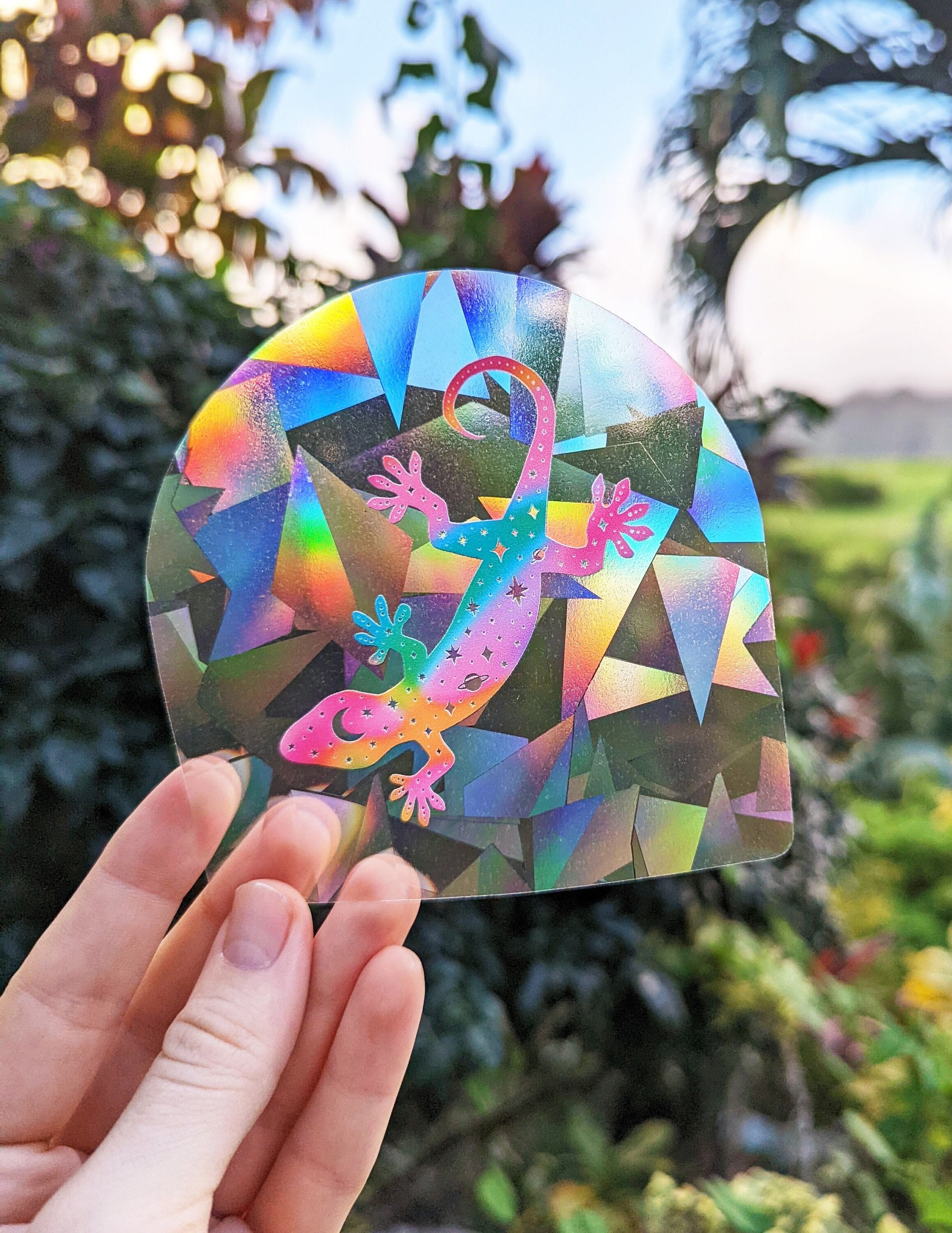 Celestial Gecko Suncatcher Sticker: Rainbow Maker Window Decal