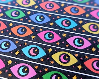 Moon + Stars Eye Washi Tape, Evil Eye Celestial Washi Tape, Eyes Washi Tape for Planners + Journaling, Bright + Colorful Black Washi Tape