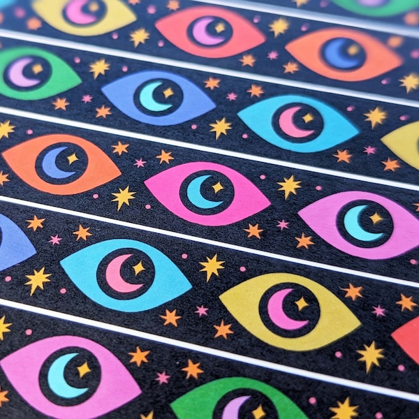 Moon + Stars Eye Washi Tape, Evil Eye Celestial Washi Tape, Eyes Washi Tape for Planners + Journaling, Bright + Colorful Black Washi Tape