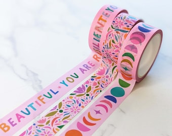 Colorful Pink Washi Tape, Positive Affirmations, Flowers + Moon Washi Tape for Journaling, Planner Tape, Cute Coordinating Washi Tape