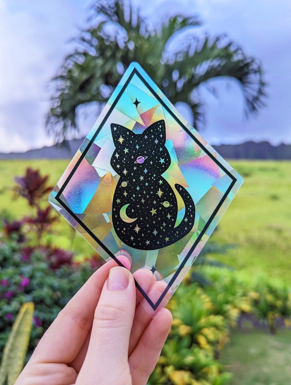 Celestial Kitty Rainbow Making Suncatcher Sticker, Cat Suncatcher in Black Rainbow  Maker Window Decal Cat Rainbow Stars & Moon Suncatchers 