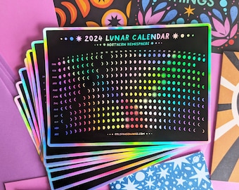 2024 Lunar Calendar LARGE Holographic Vinyl Sticker, Daily Moon Phases Calendar, 5" x 7" Big Sticker for Laptop, Tablet, Notebook, etc!