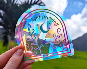 KEEP GROWING Prism Suncatcher Sticker Rainbow Maker Window Sticker, Plants + Moon Rainbow Aesthetic Sticker, Removable Renter-Friendly Decal