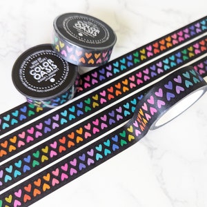 NEW Cute Little Rainbow Hearts Washi Tape for Envelopes, Gifts, Crafts, & Journals, Happy Love Colorful Washi Tape by Color Oasis Black Rainbow Hearts