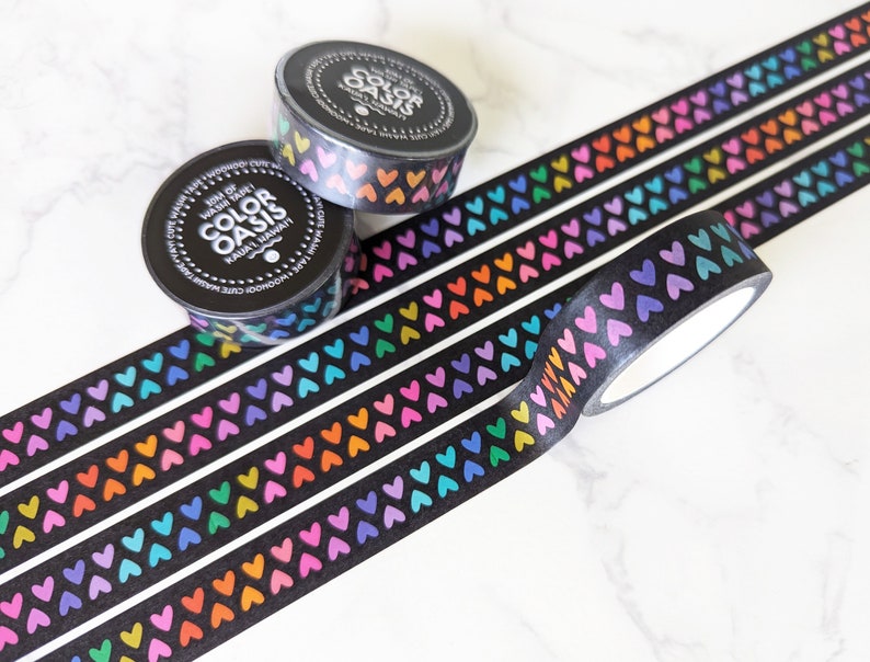 NEW Cute Little Rainbow Hearts Washi Tape for Envelopes, Gifts, Crafts, & Journals, Happy Love Colorful Washi Tape by Color Oasis Black Rainbow Hearts