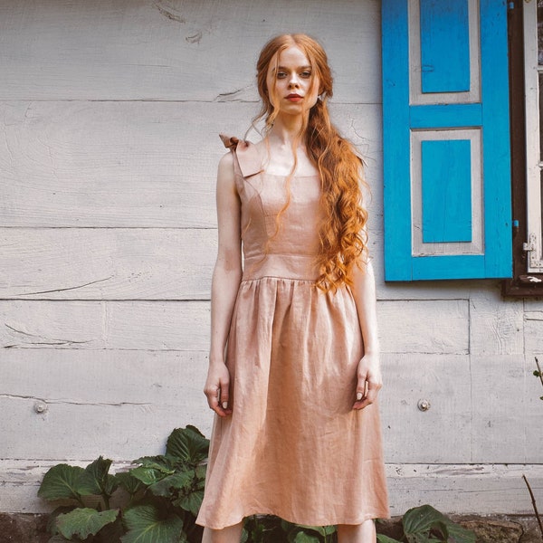 Vestido de lino rosa empolvado, vestido de verano de lino, vestido de lino con lazos, vestido de lino de verano orgánico para mujer, vestido rosa de lino romántico