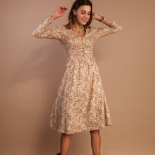 Beige dress with flowers, Ochre flowers pattern midi dress, beige retro dress, Atelier Brunette fabric dress, autumn print, ochre midi dress