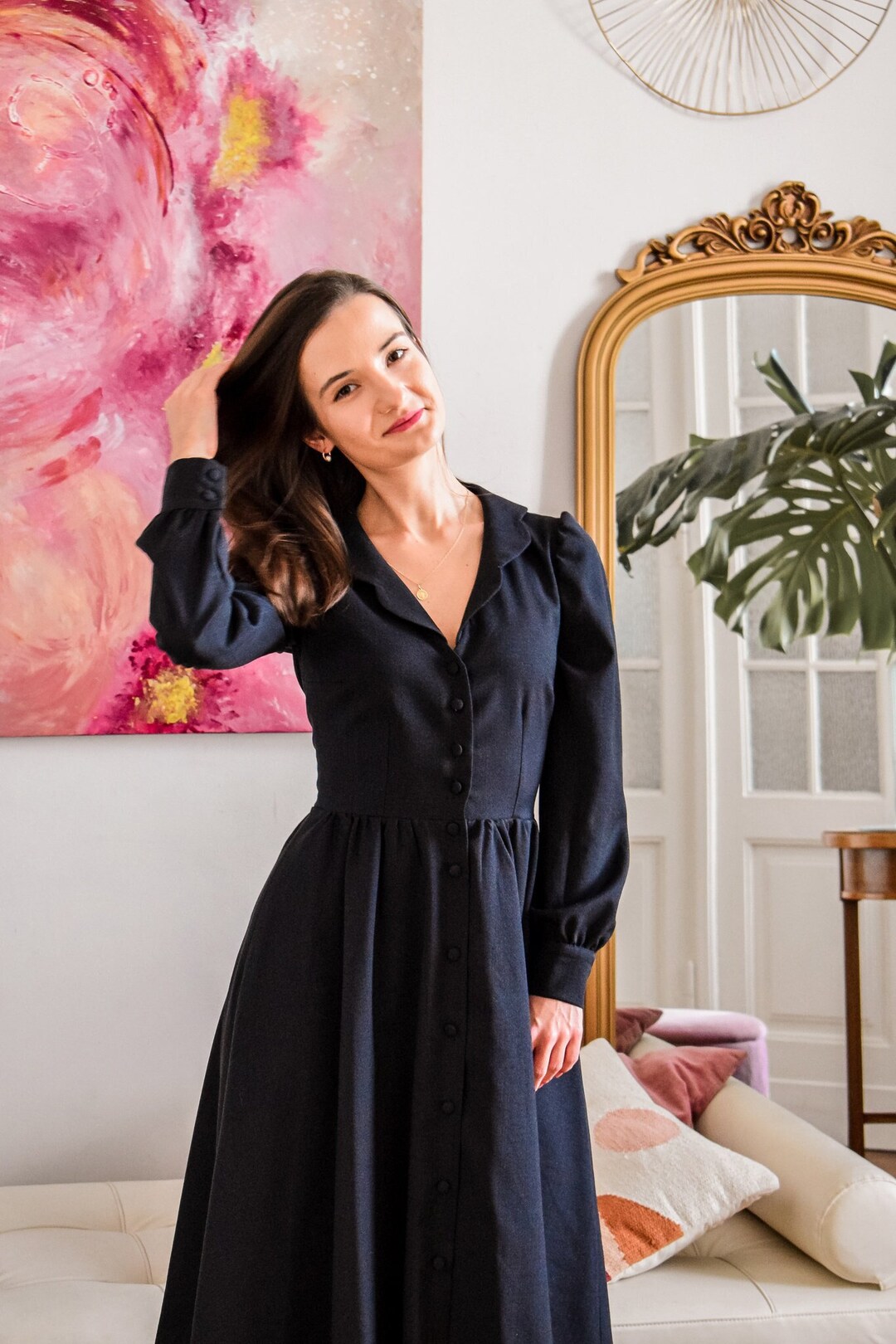 Navy Wool Dress Women, Navy Wool Fabric Dress, Wool Elegant Dress, Retro Wool Dress, Wool