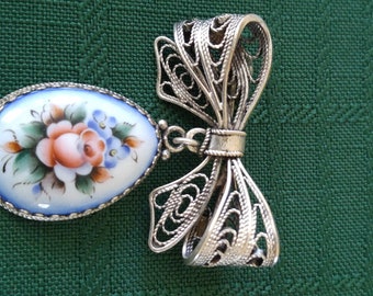 Russian Tzar era silver brooch porcelain pre 1917