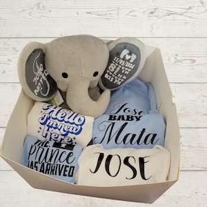 Elephant Baby Boy Gift Box, Boy Gift Set, Birth Stats Elephant, Baby Bodysuit, Custom Newborn Gift Box, Baby Shower Gift, New Baby Gift