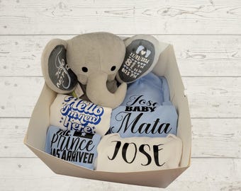 Elephant Baby Boy Gift Box, Boy Gift Set, Birth Stats Elephant, Baby Bodysuit, Custom Newborn Gift Box, Baby Shower Gift, New Baby Gift