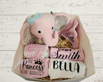 Elephant Baby Girl Gift Box, Girl Gift Set, Birth Stats Elephant, Baby Bodysuit, Custom Newborn Gift Box, Baby Shower Gift, New Baby Gift