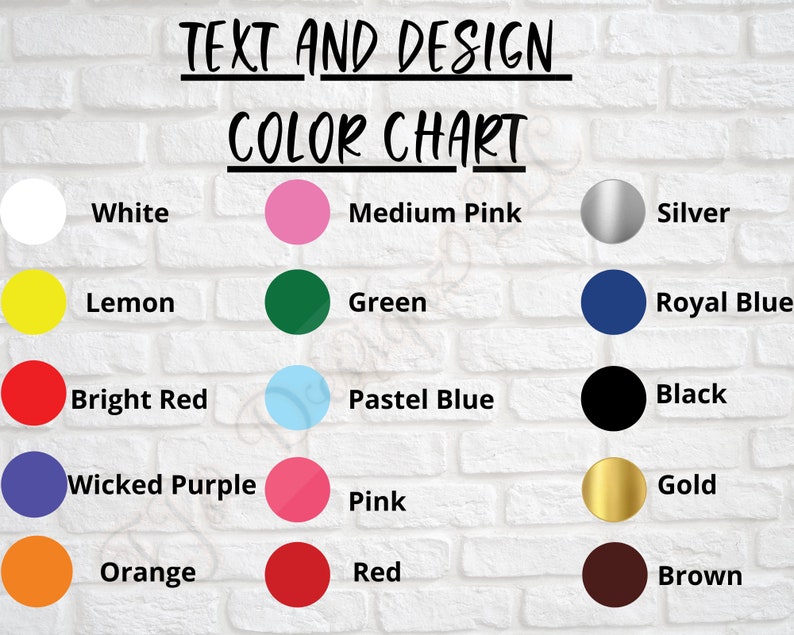 K&ouml;nnte beinhalten: Eine Farbkarte mit dem Text "TEXT AND DESIGN COLOR CHART" &uuml;ber einer Reihe von Farbfeldern. Zu den Farben geh&ouml;ren Wei&szlig;, Gelb, Rot, Lila, Orange, Rosa, Gr&uuml;n, Blau, Schwarz, Gold und Braun.