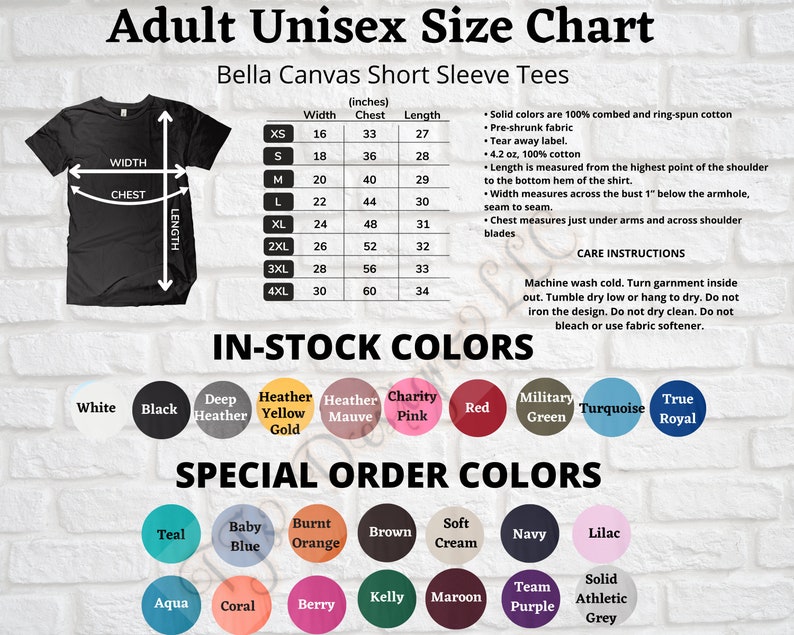 K&ouml;nnte beinhalten: Gr&ouml;&szlig;entabelle f&uuml;r Unisex-T-Shirts mit kurzen &Auml;rmeln von Bella Canvas. Die Tabelle enth&auml;lt Ma&szlig;e in Zoll f&uuml;r Breite, Brust und L&auml;nge sowie Pflegehinweise und eine Farbauswahl. Verf&uuml;gbare Farben sind Wei&szlig;, Schwarz und verschiedene andere Farbt&ouml;ne.