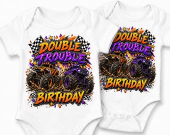 Double Trouble Monster Truck Birthday Shirt or Bodysuit, Kids Racing Party Outfit