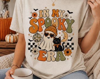 In My Spooky Era Halloween Shirt, Retro Ghost & Black Cat Tee, Cute Spooky Season Fall T-Shirt