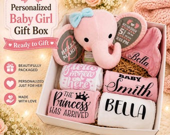 Personalized Baby Girl Gift Box, Elephant Baby Shower Gift, Newborn Baby Girl Gift, Custom Baby Keepsake, Baby Girl Gift Set, Welcome Baby