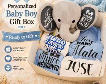Personalized Baby Boy Gift Box, Baby Shower Gift for Boy, Newborn Baby Boy Gift, Elephant Baby Keepsake, Custom Baby Gift Set, Welcome Baby