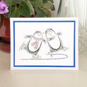 Skating Penguins Handmade Embroidery Greeting Card, Hand Stitch Card, Embroidered Card, Handmade Christmas Card, Happy Holidays Card, Merry