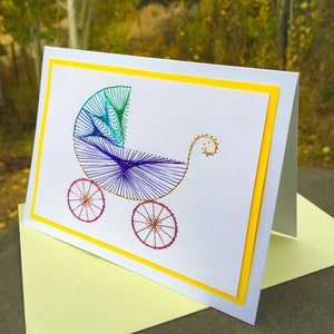 Multicolor Baby Buggy Carriage Handmade Embroidered Greeting Card: Hand Stitched Sparkly Thread Embroidery