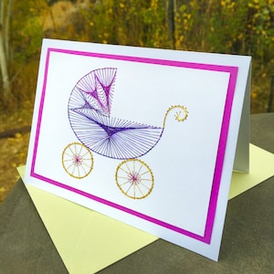 Pink Baby Carriage Handmade Embroidered Greeting Card: Hand Stitched Sparkly Thread Embroidery