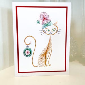 Christmas Cat Handmade Embroidery Greeting Card, Hand Stitch Card, Embroidered Card, Handmade Christmas Card, Happy Holidays Card, Merry