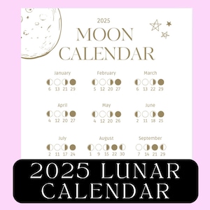 Calendario lunar 2025 / Calendario de fases lunares / Calendario lunar / Gráfico imprimible del ciclo lunar 2025 para lunas nuevas y llenas / Planificador de rituales de brujería