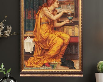 May include: A painting of a woman in a yellow robe pouring a liquid from a vial into a chalice. She is sitting on a bench with a black cat at her feet. The painting is framed in gold.