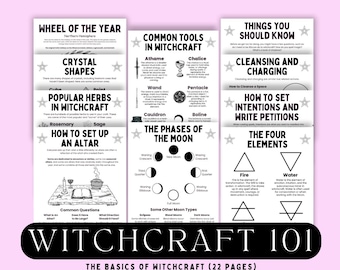 Puede incluir: Una descarga digital titulada "Witchcraft 101" con información sobre formas de cristales, hierbas, configuración de altares, herramientas, fases lunares y elementos. La imagen tiene un fondo rosa e incluye el texto "Descarga instantánea."