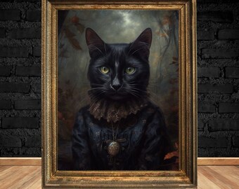Lámina artística de gato negro gótico: ropa de bruja, decoración de Dark Academia