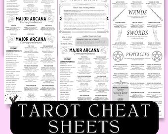 May include: Black and white printable tarot cheat sheets with the major arcana cards and their meanings. The cheat sheets include keywords, primary correspondences, and elements. The title "Tarot Cheat Sheets" is at the bottom of the page.