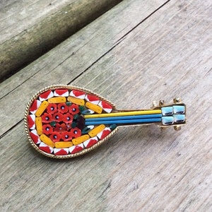 Vintage Micro Mosaic brooch pin Italian designed banjo guitar glass tiles MCM Italy Jewelry  fashion scarf accessories Musical Instrument